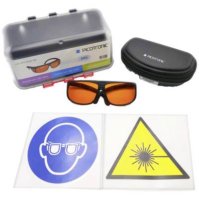 Schutzbrille mit orangefarbenen Gläsern neben Verpackung und Etui. Zwei Schilder: Schutzbrillenpflicht und Laserwarnung.