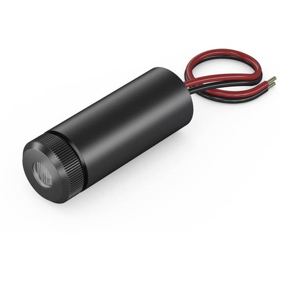 Ein schwarzer zylindrischer LED-Scheinwerfer mit zwei herausragenden Kabeln, einem roten und einem schwarzen Kabel, sichtbar an der Seite.