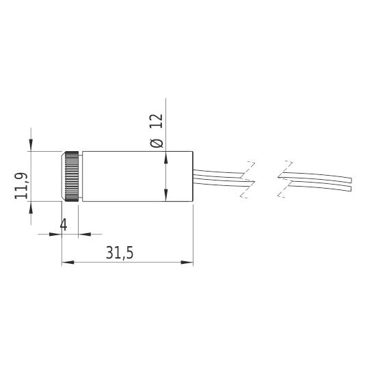 Technische Zeichnung eines zylindrischen Bauteils mit Kabeln. Maße: Länge 31,5 mm, Durchmesser 12 mm. Seitenansicht mit Details.