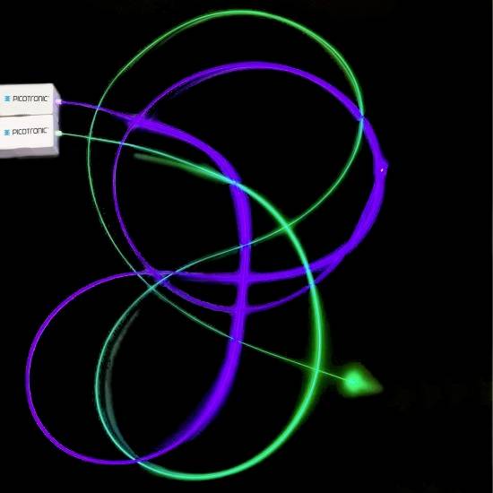 Künstlerische Darstellung von leuchtenden, sich überkreuzenden Linien in Neonfarben auf schwarzem Hintergrund. Links oben steht 'Protonic'.