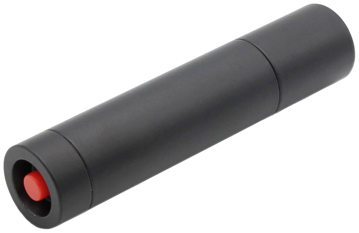 Ein schwarzer, zylindrischer Schalldämpfer mit rotem Innenkern liegt schräg.