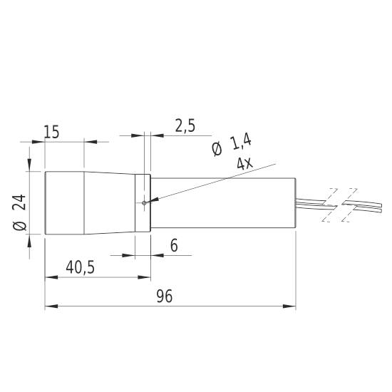 Technische Zeichnung eines zylindrischen Sensors. Maße: Gesamt 96 mm Länge, 24 mm Durchmesser. Verschiedene Bohrungs- und Abstandmaße angegeben.
