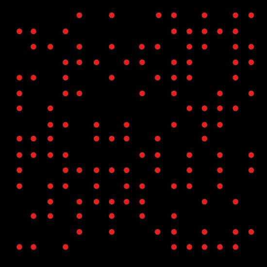 Rotes Punkte-Muster auf schwarzem Hintergrund, gleichmäßig verteilt.