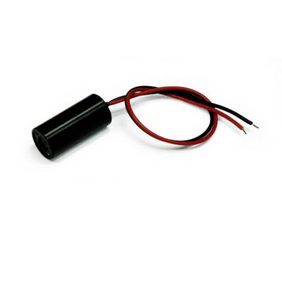 Ein zylindrischer, schwarzer Elektromagnet mit zwei abgehenden Kabeln: eines rot, eines schwarz.