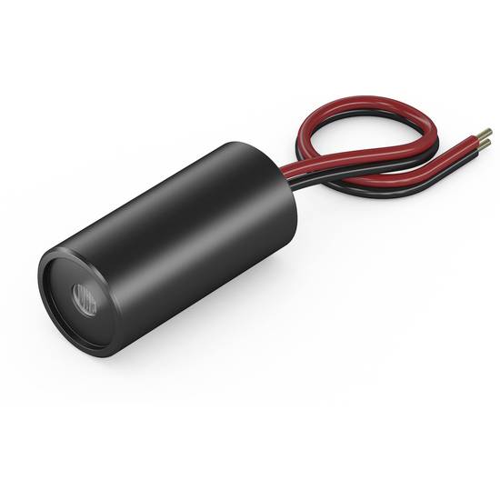 Kleiner zylindrischer Elektromotor mit roten und schwarzen Kabeln, vermutlich für technische Anwendungen oder Modellbau.