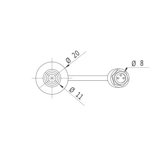 Technische Zeichnung zeigt zwei scheibenförmige Elemente mit Durchmessern von 20 mm und 11 mm, verbunden durch eine Stange mit 8 mm Durchmesser.