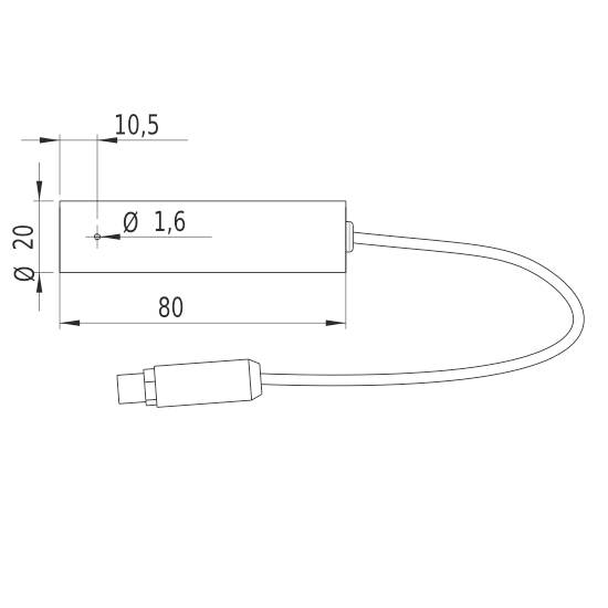 Technische Zeichnung eines zylindrischen Sensors mit USB-Anschluss. Maße: Durchmesser 20 mm, Länge 80 mm, Kabelanschluss zeigt rechts.
