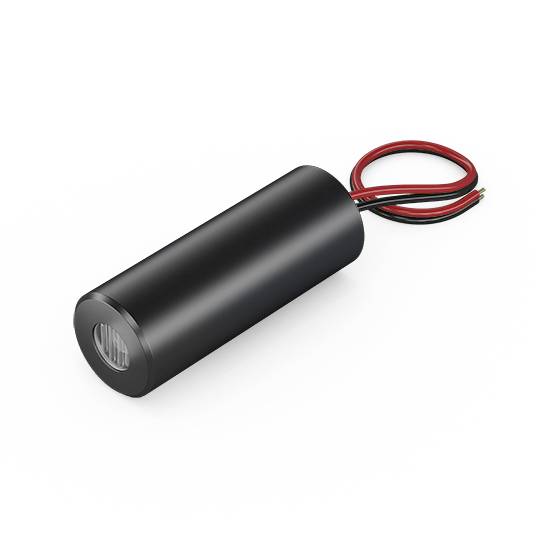 Ein zylindrischer, schwarzer elektrische Motor mit zwei hervortretenden roten und schwarzen Kabeln.