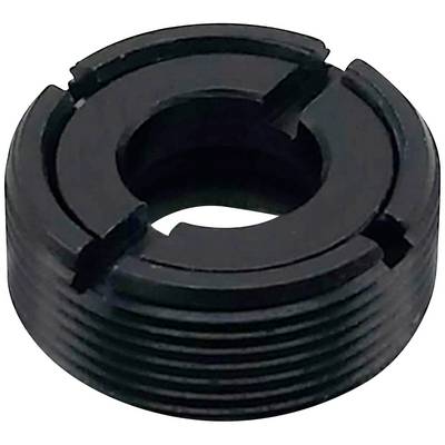 Ein rundes, schwarzes Metallteil mit mehreren Nuten und Gewinde, möglicherweise ein technischer Adapter oder eine Befestigungskomponente.