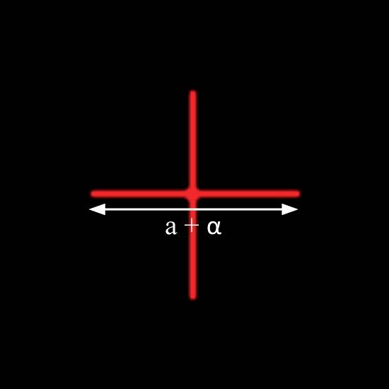 Rotes Kreuz auf schwarzem Hintergrund mit horizontalen Pfeilen. Mittig steht 'a + α'.