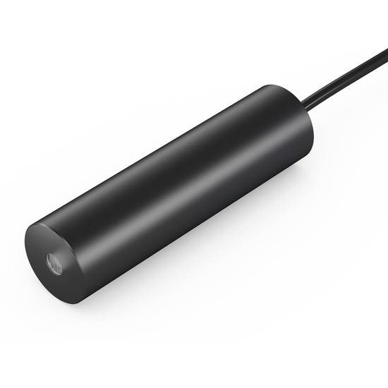 Ein zylindrischer schwarzer Sensor mit Kabel, wahrscheinlich für technische Anwendungen oder Datenerfassung verbunden.