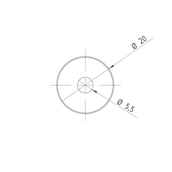 'Technische Zeichnung eines Kreises mit Durchmesserangaben: Außendurchmesser 20 mm, Innendurchmesser 5,5 mm.'