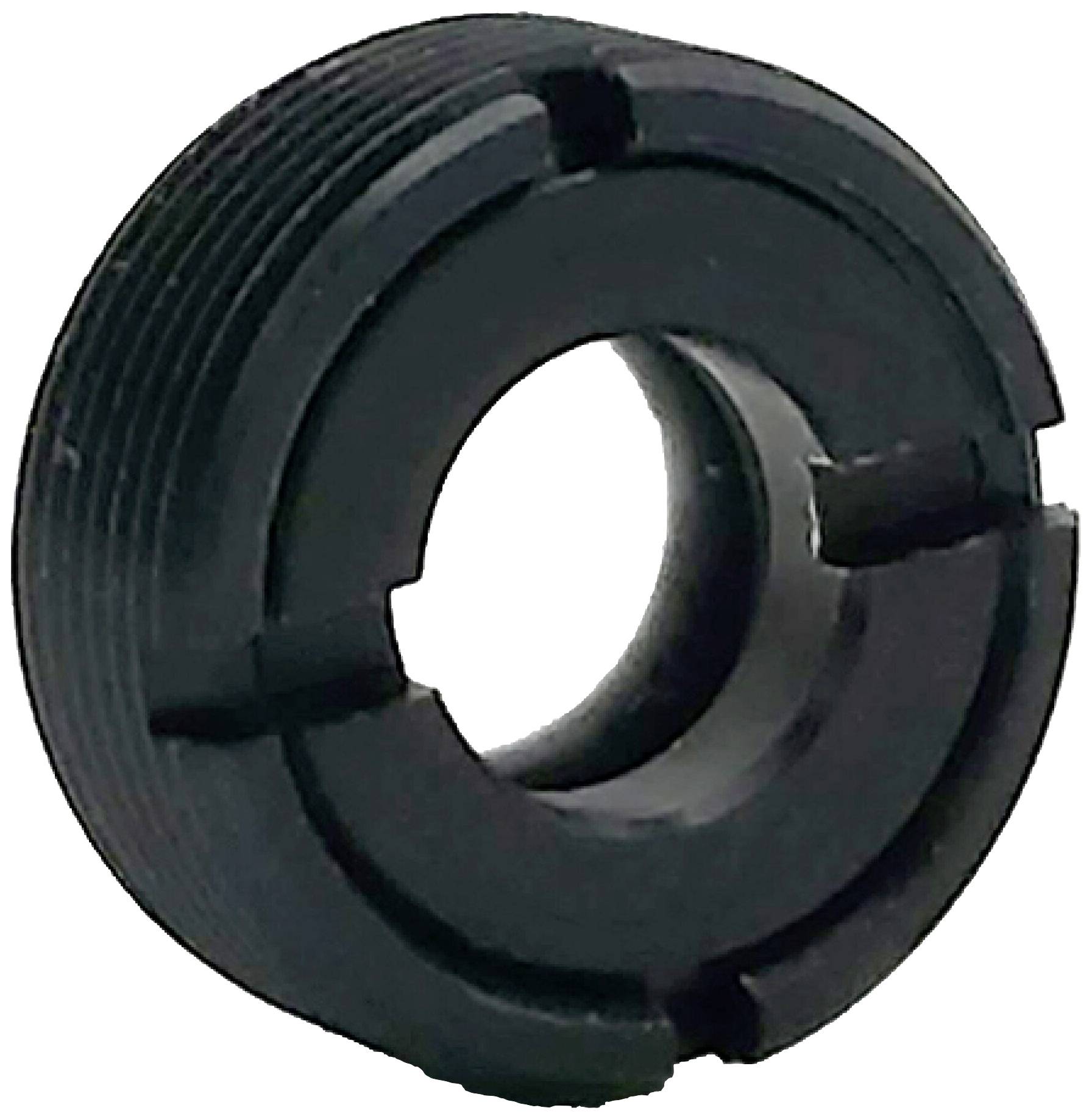 Schwarze, geriffelte Metallmutter mit mehreren Schlitzen, zur Fixierung um ein zylindrisches Objekt.