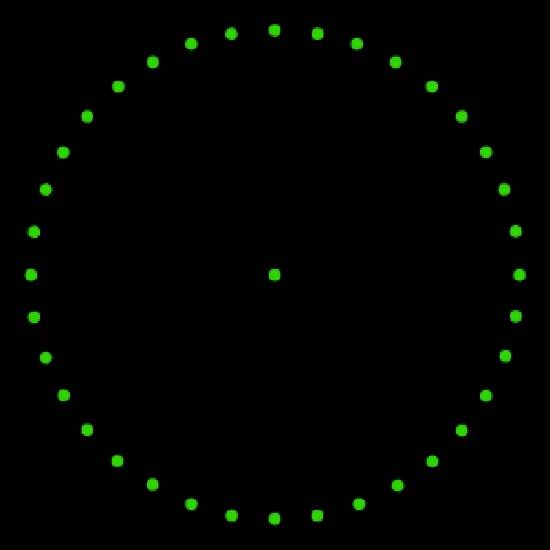Grüner Punkt in der Mitte, umgeben von einem Kreis aus mehreren grünen Punkten auf schwarzem Hintergrund.