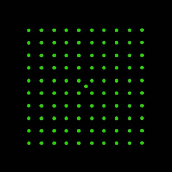 Grünes Punktmuster auf schwarzem Hintergrund, das ein regelmäßiges Raster bildet.