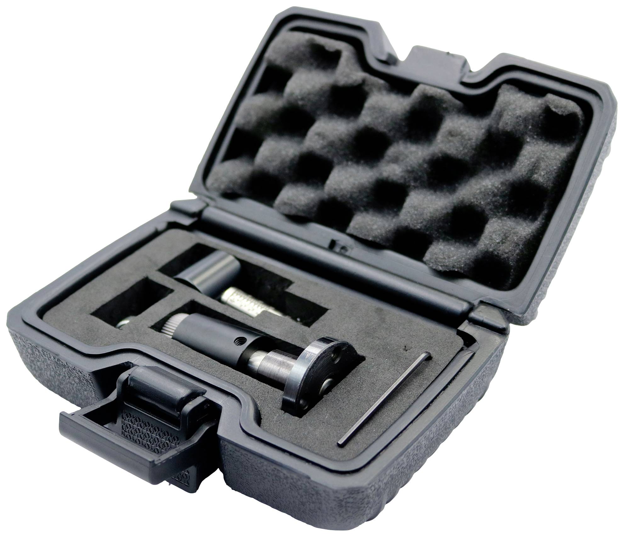 Ein schwarzer Hartschalenkoffer mit Schaumstoffeinlage enthält ein kleines Werkzeugset, einschließlich eines Spannwerkzeugs und Schraubenschlüssel.
