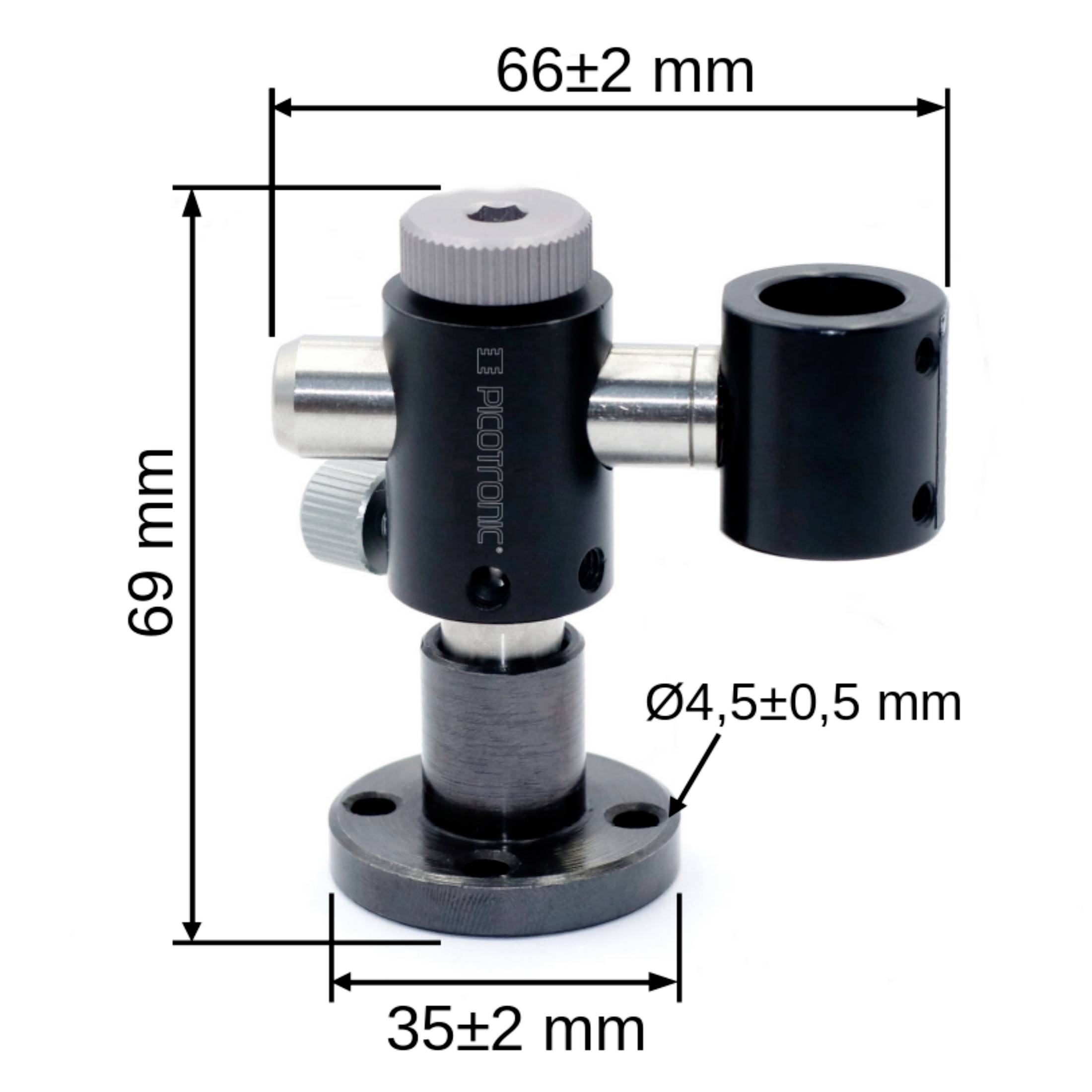 Präsentation einer mechanischen Halterung mit Maßen: Höhe 69 mm, Breite 66±2 mm, Basisdurchmesser 35±2 mm, Rohrdurchmesser Ø4,5±0,5 mm.
