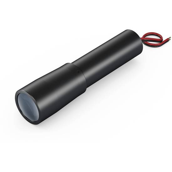 Ein schwarzes zylindrisches Bauteil mit Kabeln an einem Ende. Möglicherweise eine elektrische oder optische Komponente.