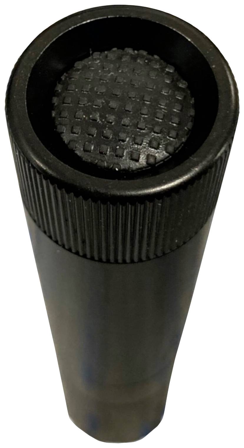 Zylindrisches schwarzes Objekt mit geriffelter Oberfläche und runder, erhabener Spitze. Funktion oder Kontext nicht ersichtlich.