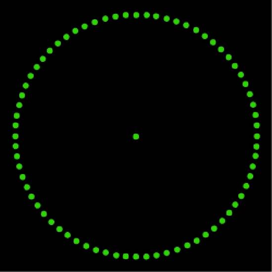 Grüner Kreis aus Punkten auf schwarzem Hintergrund mit einem Punkt in der Mitte. Symmetrisches Design.