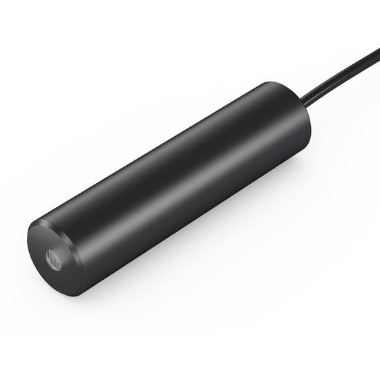 Ein schwarzer zylindrischer Sensor mit Kabel auf weißem Hintergrund.