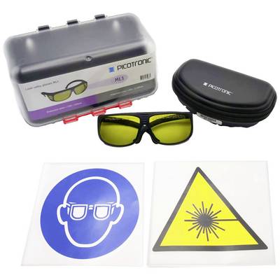 Schutzbrille mit gelben Gläsern für Lasersicherheit, neben Etui und Warnaufklebern für Laserstrahlen und Augenschutz.