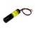 Kleiner schwarzer Laserpointer mit gelbem Warnhinweis und roten sowie schwarzen Kabeln, die aus einem Ende herausragen.
