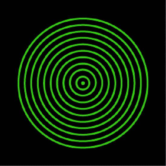 Grüne konzentrische Kreise auf schwarzem Hintergrund, die von einem kleinen inneren Kreis zu einem größeren äußeren Kreis verlaufen.
