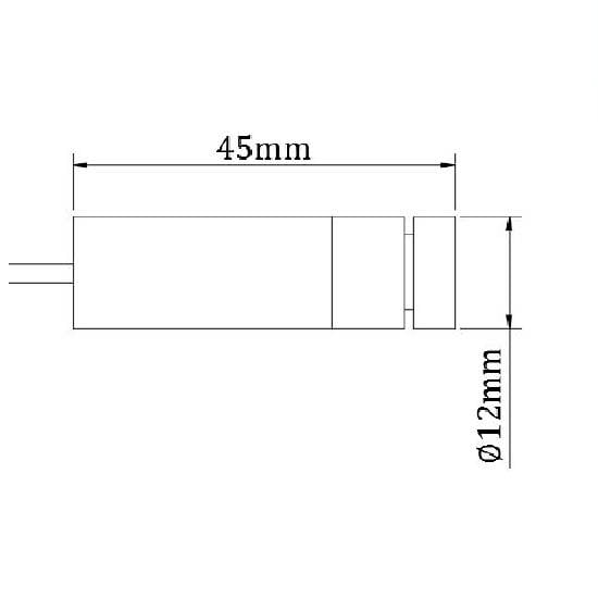 Strichzeichnung eines zylindrischen Objekts mit den Maßen 45 mm Länge und 12 mm Durchmesser.