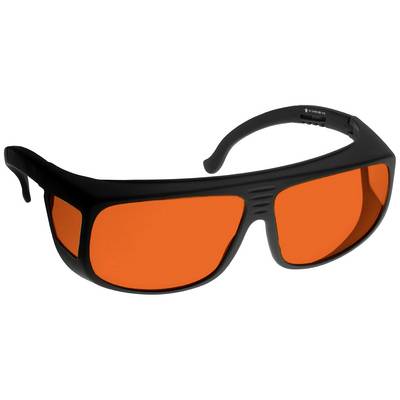 Schwarze Schutzbrille mit orangefarbenen Gläsern, geeignet für Anwendungen in der Industrie oder beim Arbeiten mit starkem Licht.