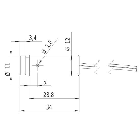 Technische Zeichnung eines zylindrischen Sensors mit Maßen: Länge 34 mm, Durchmesser 11 mm, mit Kabelanschluss rechts.