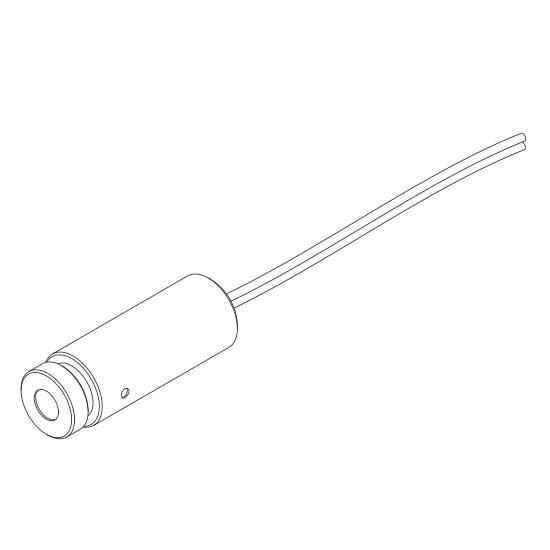 Einfacher Schaltplan eines zylindrischen elektrischen Bauteils mit zwei herausragenden Drähten, zeigt grundlegende Verbindungen und Struktur.