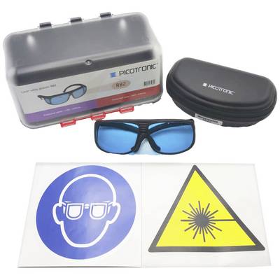 Laser-Schutzbrillen-Set mit blauer Schutzbrille, Etui und Warnschildern für Laserschutz von Picotronic.