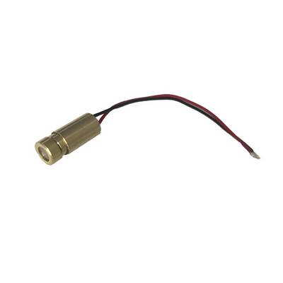 Ein kleiner, zylindrischer Laser mit roten und schwarzen Kabeln, möglicherweise ein Laserdiode-Modul, auf weißem Hintergrund.