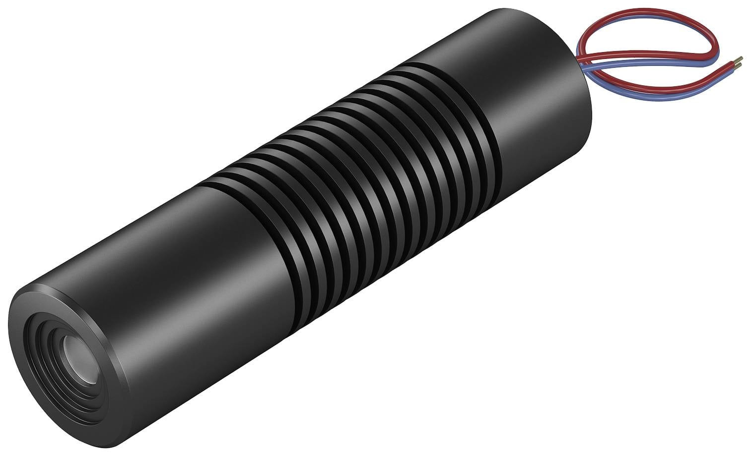 Ein schwarzer zylindrischer Laserdiode mit Kühlrippen und herausragenden roten und blauen Kabeln, auf weißem Hintergrund.