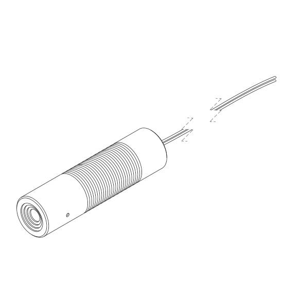 Ein zylindrischer Sensor mit geripptem Gehäuse und herausragendem Kabel, geeignet für industrielle Anwendungen und Messungen.