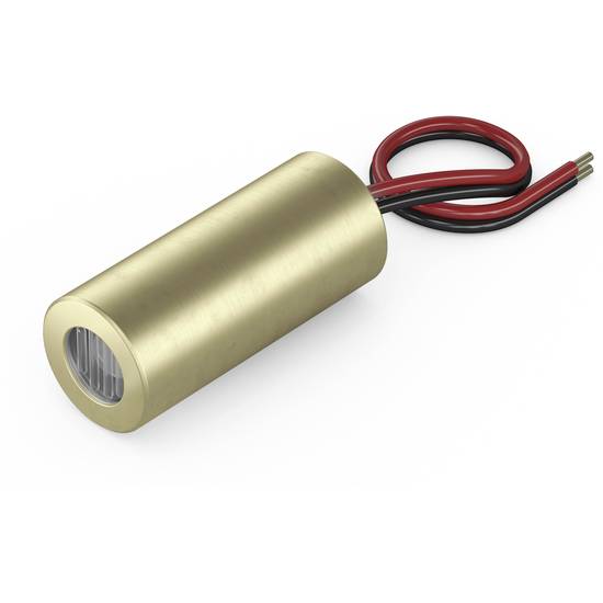 Ein zylindrisches, goldfarbenes LED-Licht mit zwei herausragenden roten und schwarzen Kabeln, vermutlich ein Einbauspot.