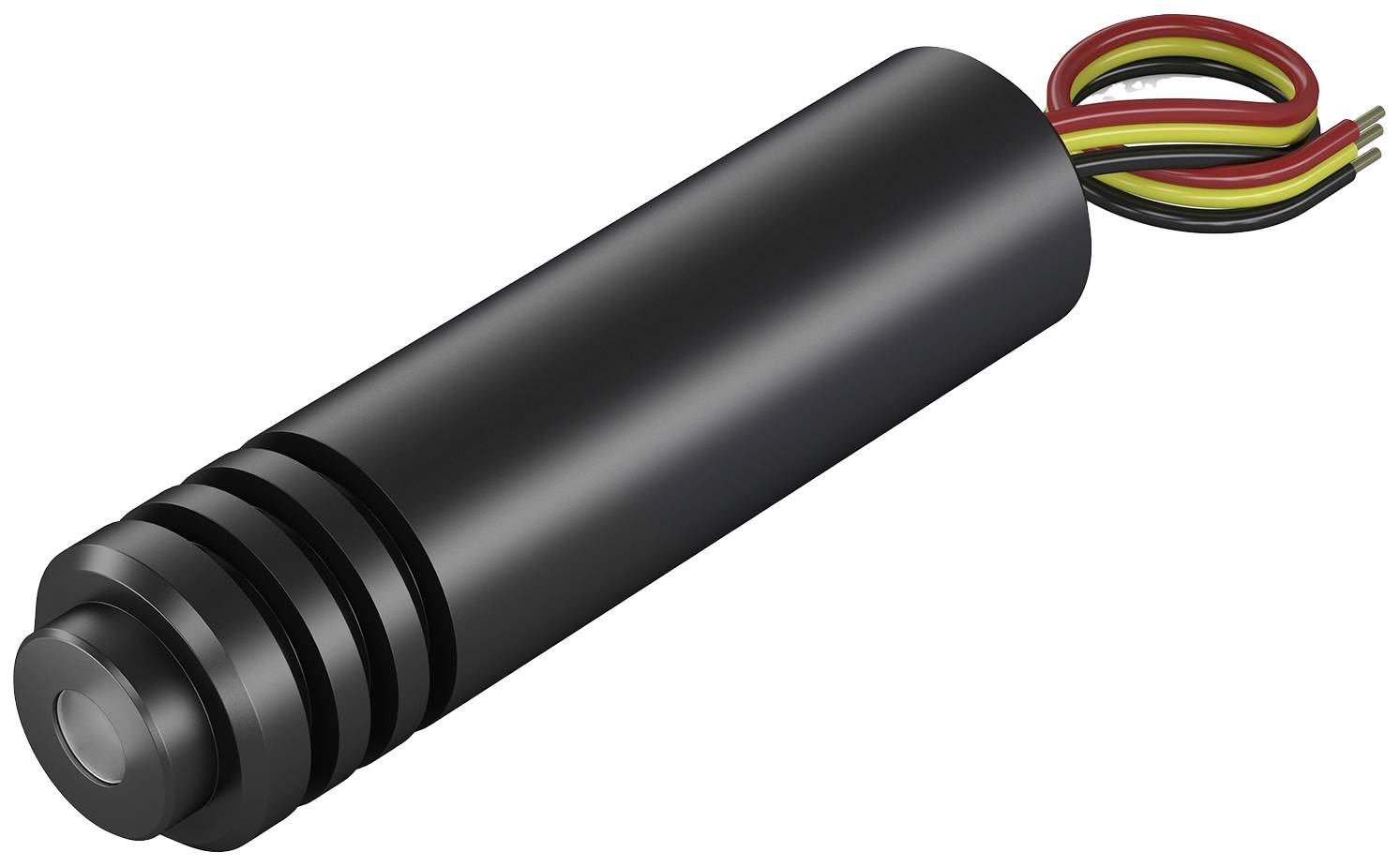 Ein zylindrischer, schwarzer Lasermodul mit herausragenden roten, gelben und schwarzen Kabeln links.