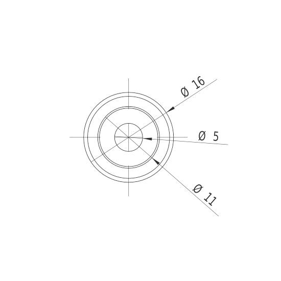 Technische Zeichnung eines Kreises mit drei konzentrischen Kreisen. Beschriftet mit Durchmessern: Ø16, Ø11, Ø5.