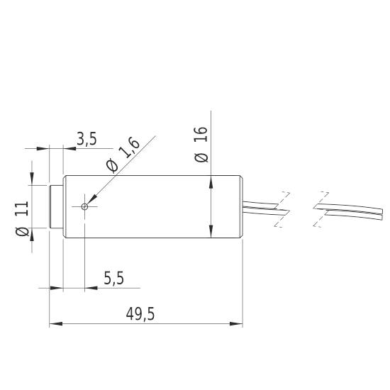 Technische Zeichnung eines zylindrischen Bauteils mit Maßen: Länge 49,5 mm, Durchmesser 16 mm. Kabel verbindend rechts.