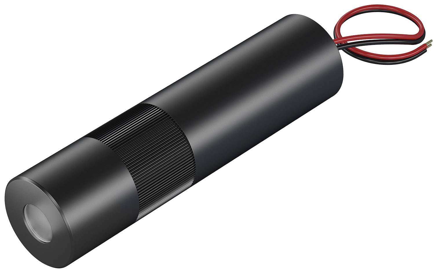 Schwarzer zylindrischer Laser mit herausragenden Kabeln am Ende.