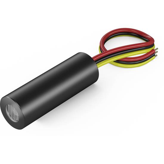 Ein zylinderförmiges elektronisches Bauteil mit schwarzem Gehäuse und drei farbigen Kabeln (rot, gelb, schwarz) zur Stromverbindung.