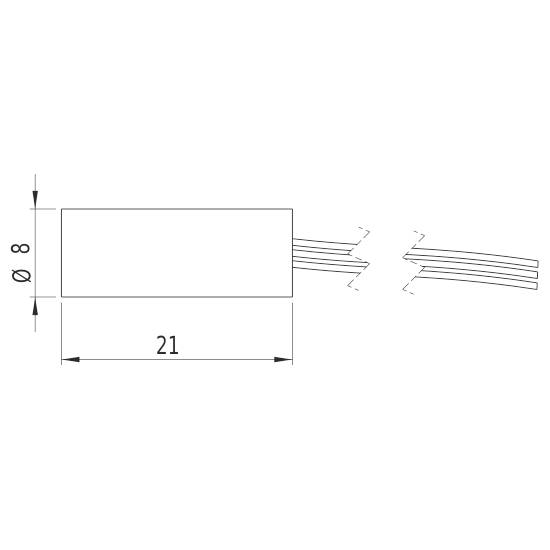 Diagramm zeigt einen rechteckigen Kasten mit abgehenden Kabeln rechts. Maße: Länge 21 mm, Durchmesser 8 mm.