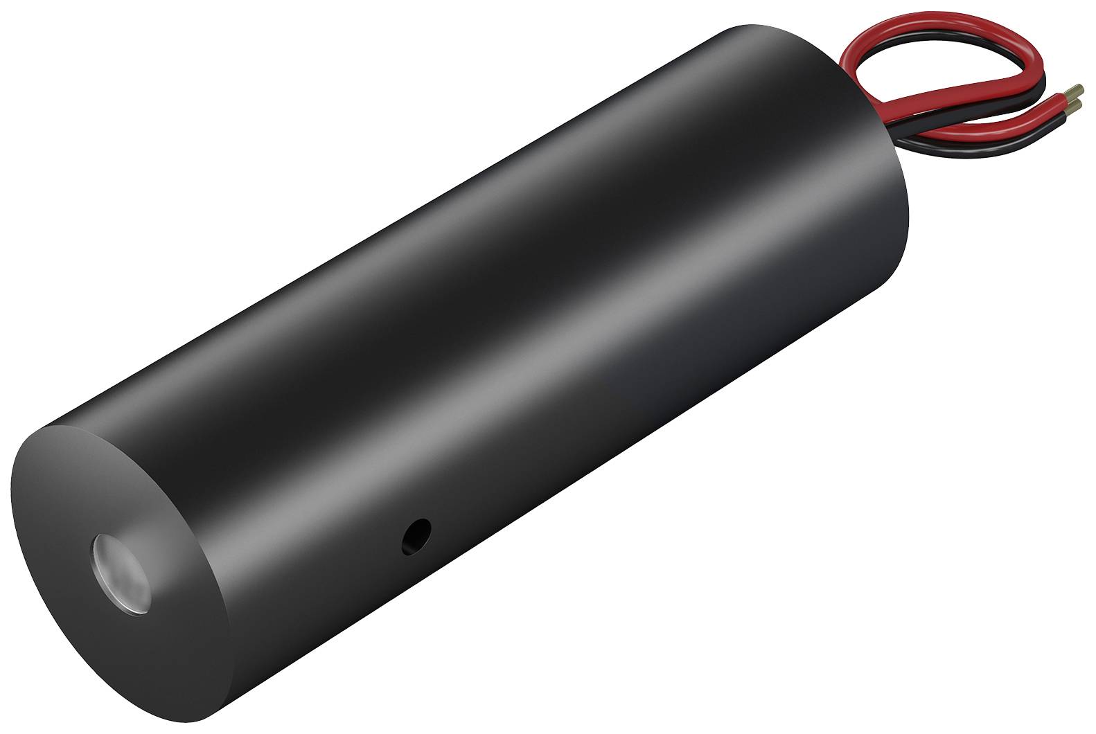Schwarzer zylindrischer Akku mit zwei herausragenden roten Kabeln an einem Ende.