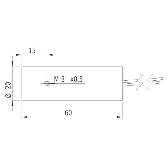 Technische Zeichnung eines rechteckigen Teils mit Maßen: 60 mm lang, 20 mm im Durchmesser. In der Mitte ein M3 x 0,5 Gewindeloch.