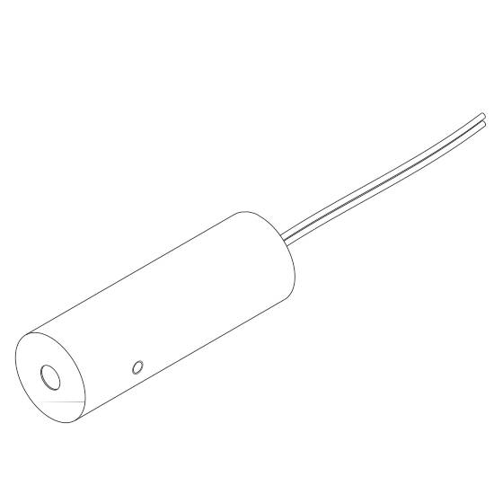 Zeichnung eines zylindrischen Sensors mit Kabeln, die aus einem Ende herausragen.