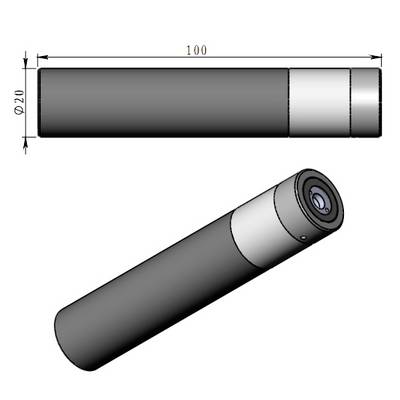 Zwei Ansichten eines zylindrischen Geräts, das 210 mm lang und 100 mm im Durchmesser ist. Eine Ansicht zeigt die Seite und die andere eine perspektivische Ansicht.