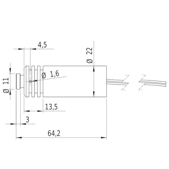 Technische Zeichnung eines zylindrischen Bauteils mit Maßen. Länge 64,2 mm, Durchmesser 22 mm. Detailierung der Komponenten und Abstände.