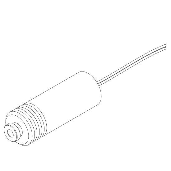 Strichzeichnung eines zylindrischen Sensors mit Kabel, wahrscheinlich ein Näherungssensor oder ähnliches elektronisches Bauteil.