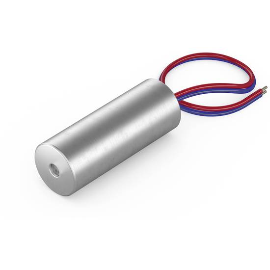 Ein zylindrischer Metallgegenstand mit zwei herausragenden Kabeln, rot und blau. Möglicherweise ein elektrisches Bauteil.